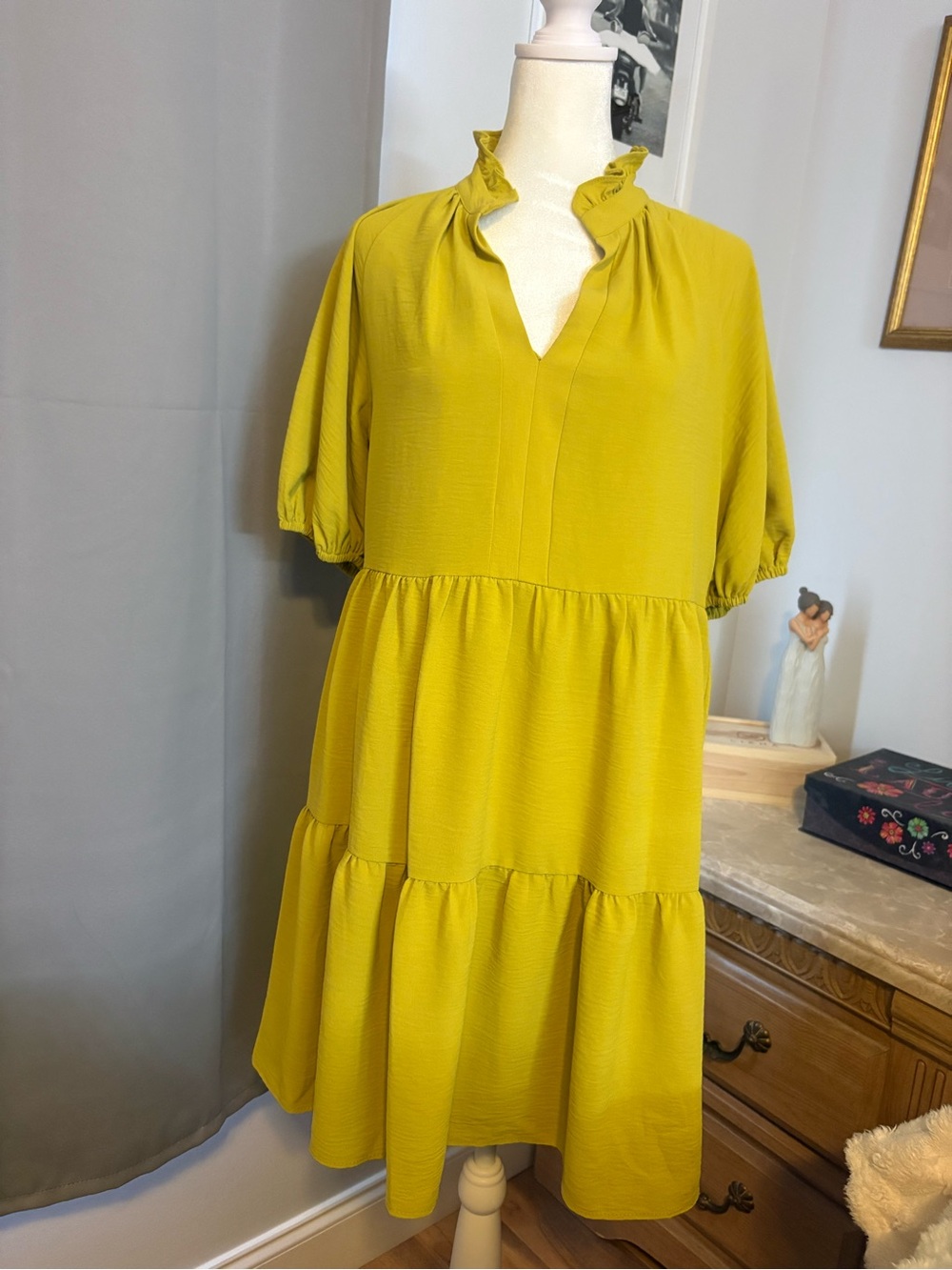 MSK Chartreuse Tiered Ruffle-Neck Mini Dress